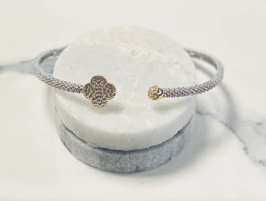 Rhodium Diamond Cut Bracelet with Cubic Zirconia Flower