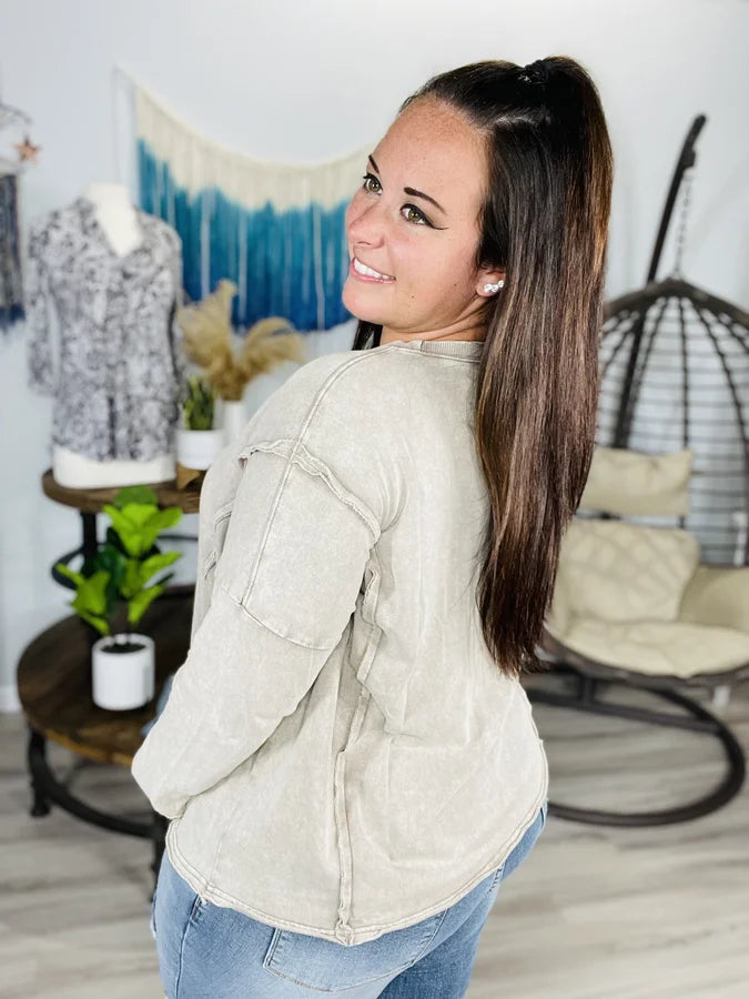 Light Mocha Mineral Wash Long Sleeve Top