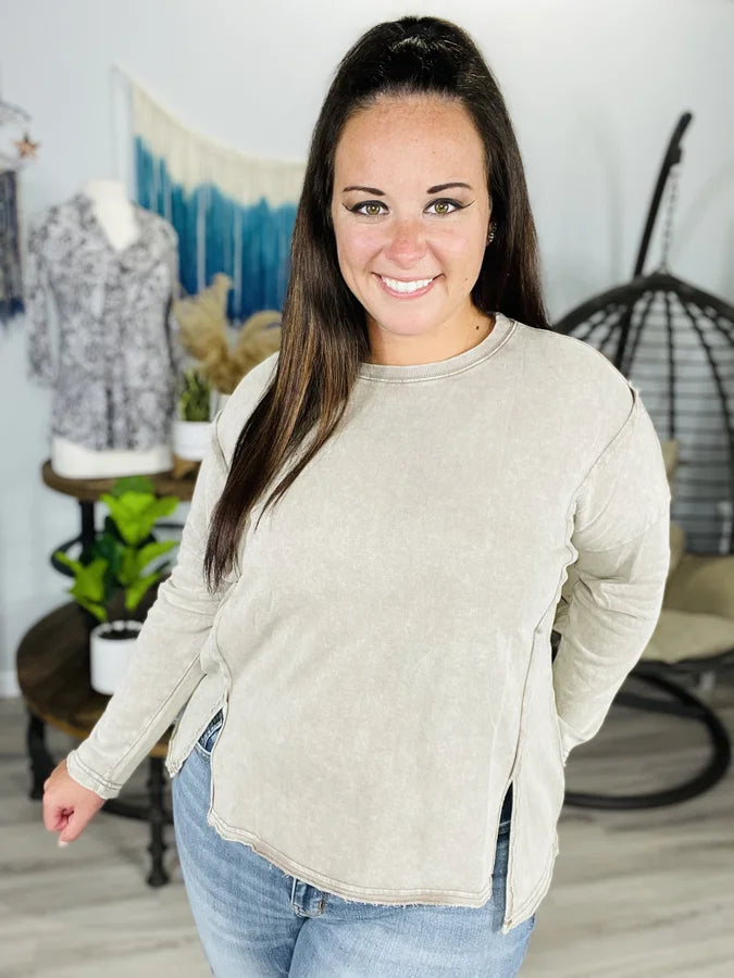 Light Mocha Mineral Wash Long Sleeve Top