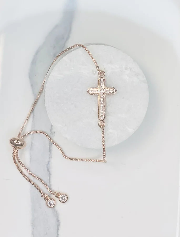 Rose Gold Slide Adjust Bracelet with Cubic Zirconia Cross