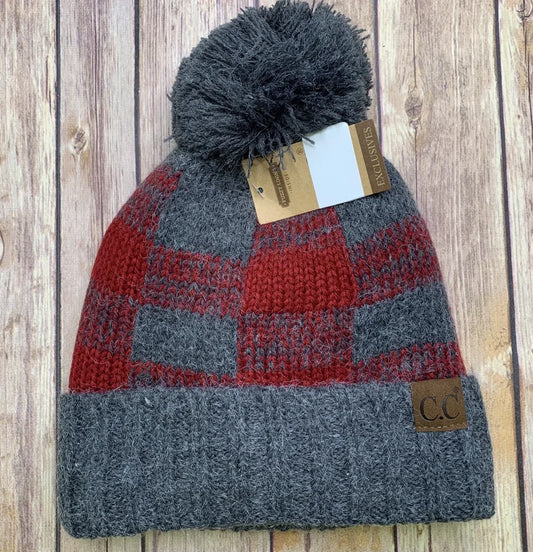 RED AND GREY PLAID BEANIE WITH POM TOP