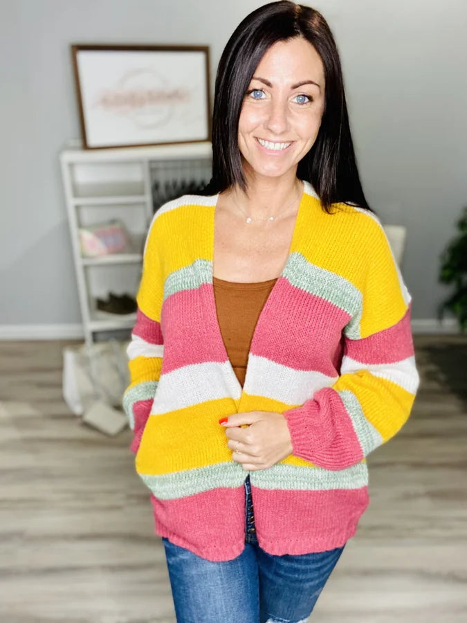 Reg. Golden Yellow/Dark Rose Striped Cardigan