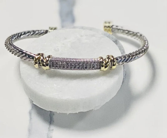 2-Tone Cable Cuff Bracelet with Cubic Zirconia Bar