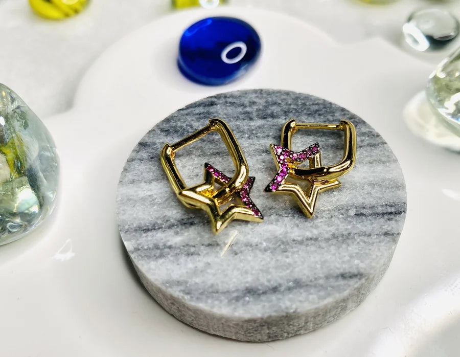 18K Gold-Plated Dangle Star Earrings with Pink CZ Crystals