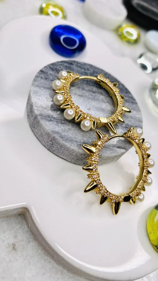 Hoop Earrings with Pearls, CZ Crystals, and Spikes