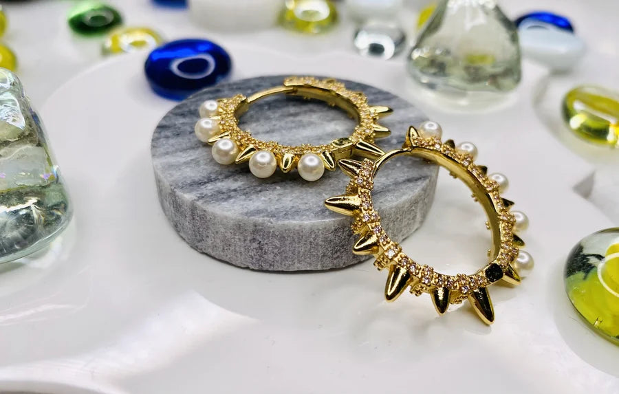 Hoop Earrings with Pearls, CZ Crystals, and Spikes