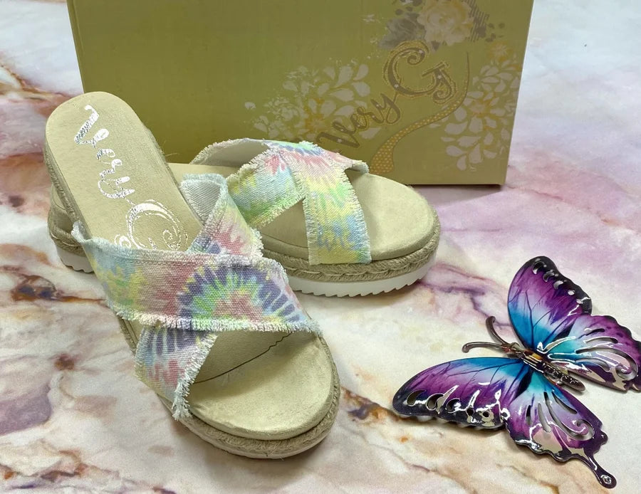 "Laney" Khaki/Pastel Tie Dye Slip-On Sandals - Gypsy Jazz