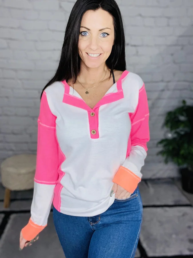 "Chase the Sun" Ivory/Neon Pink Long Sleeve Top