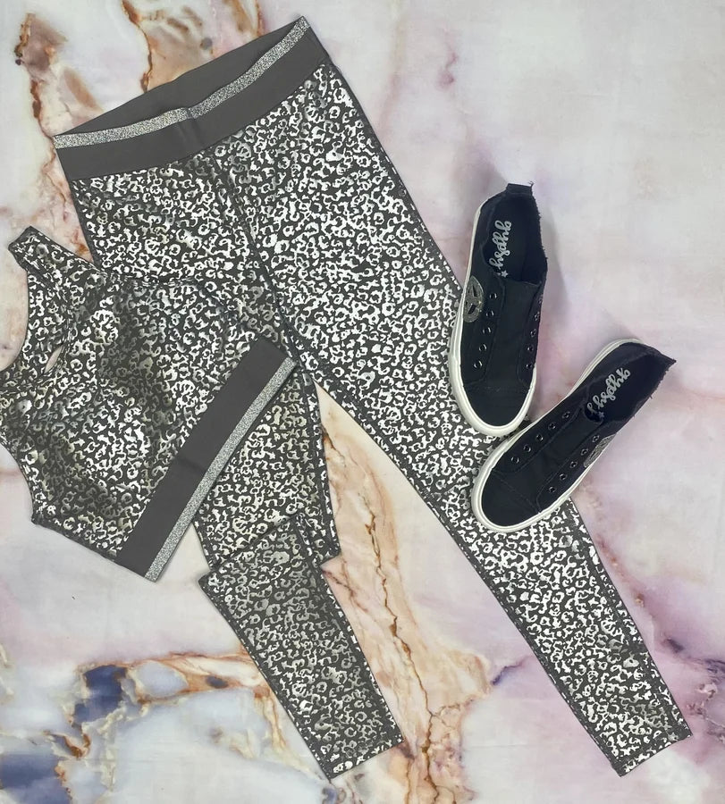 MONO B SILVER FOIL LEOPARD PRINT HIGHWAISTED LEGGINGS