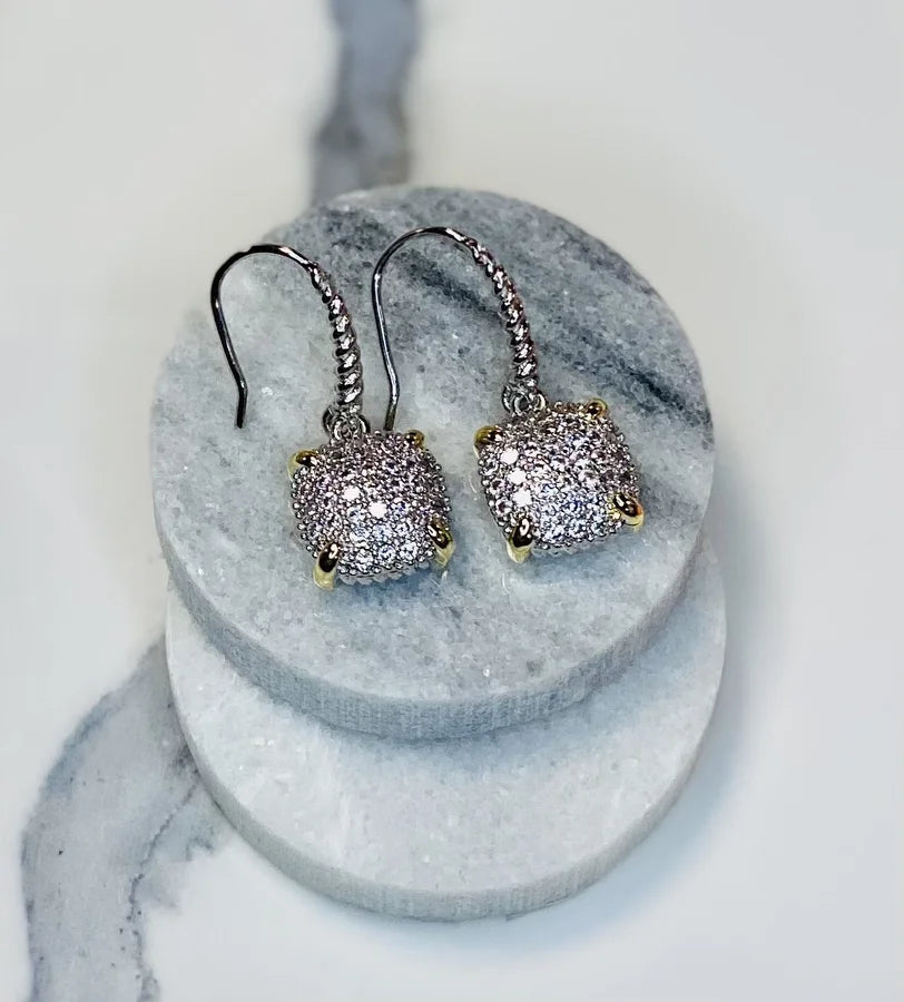 2-Tone Drop Earrings with Pave Cubic Zirconia Crystals