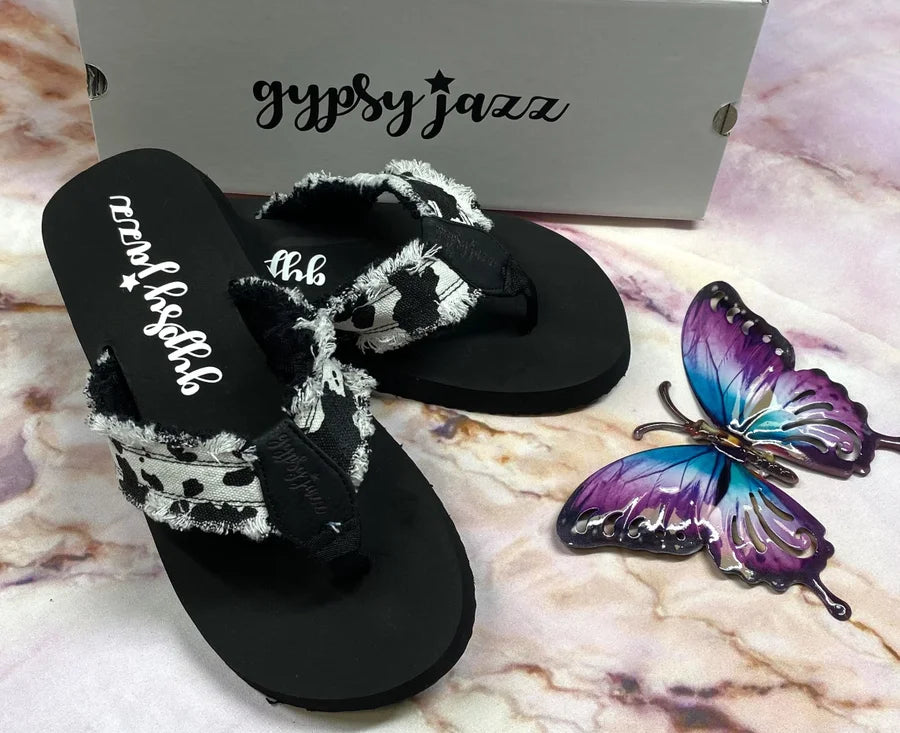 "GJazz" Black & White Spotted Frayed Flip-Flops - Gypsy Jazz