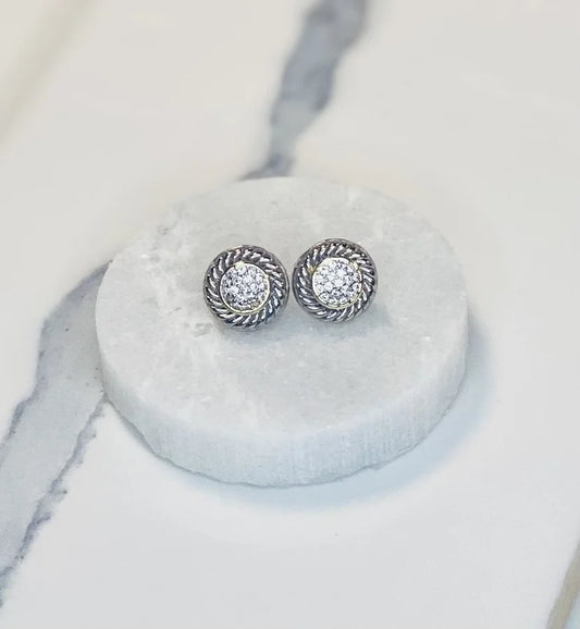 2-Tone Round Stud Earrings with Pave Cubic Zirconia Crystals