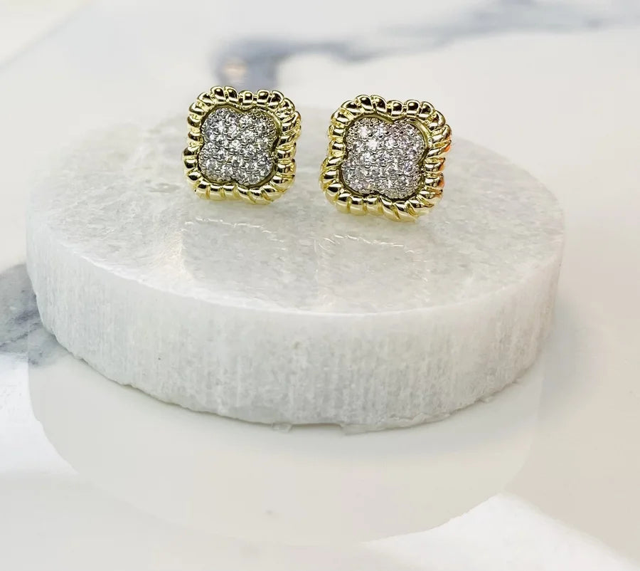 Rhodium Pave Cubic Zirconia Square Stud Earrings