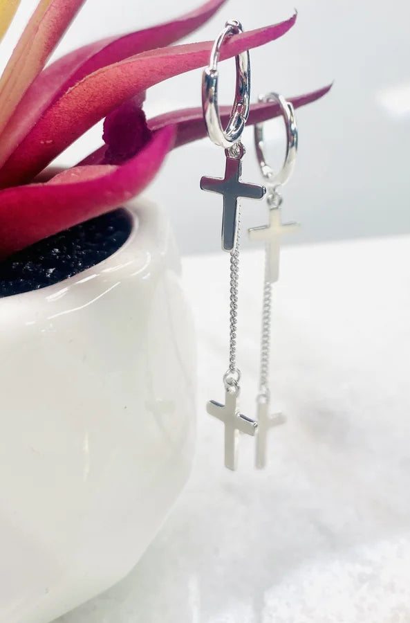 Dainty Hoop Earrings with Dangling Cross Charms