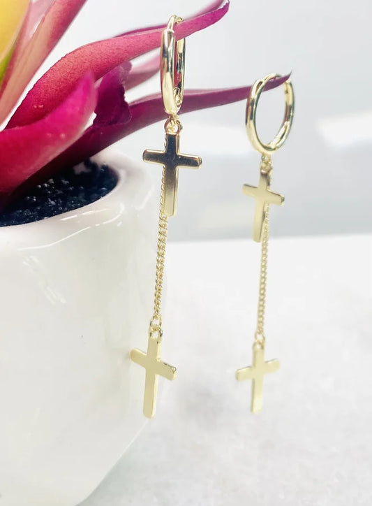 Dainty Hoop Earrings with Dangling Cross Charms