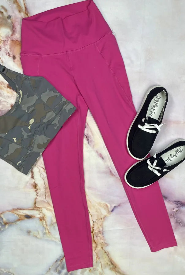 MONO B FUCHSIA TAPERED BAND ESSENTIAL SOLID HIGHWAISTED LEGGINGS
