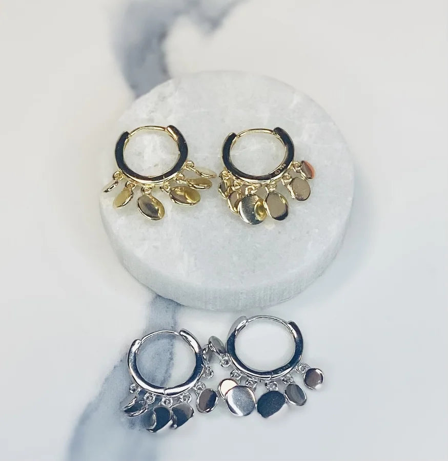 Dainty Hoop Earrings with Dangling Coin Charms