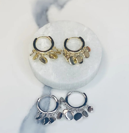 Dainty Hoop Earrings with Dangling Coin Charms