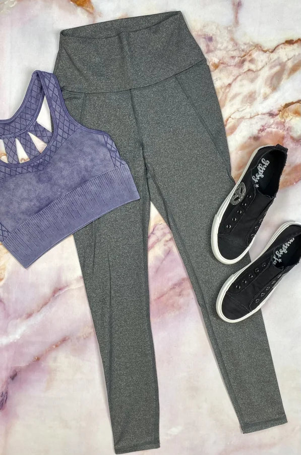 MONO B HEATHER GREY TAPERED BAND ESSENTIAL SOLID HIGH WAIST LEGGINGS WITH POCKETS