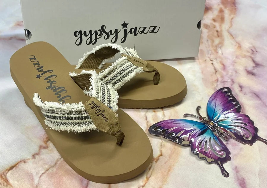 "GJazz" Tan & Cream/Black Frayed Flip-Flops - Gypsy Jazz