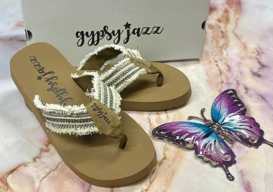 "GJazz" Tan & Cream/Black Frayed Flip-Flops - Gypsy Jazz