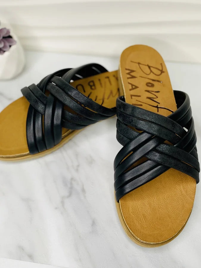 "Myll" Black Metallic Criss-Cross Sandals by Blowfish