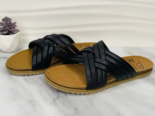 "Myll" Black Metallic Criss-Cross Sandals by Blowfish