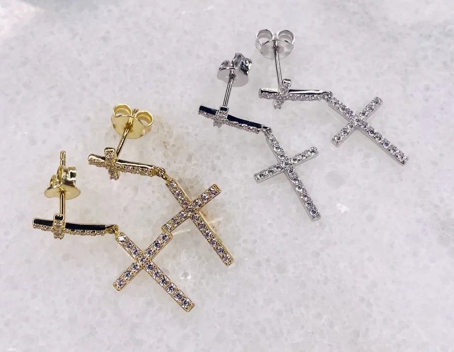 Dangle Crosses CZ Crystal Stud Earrrings