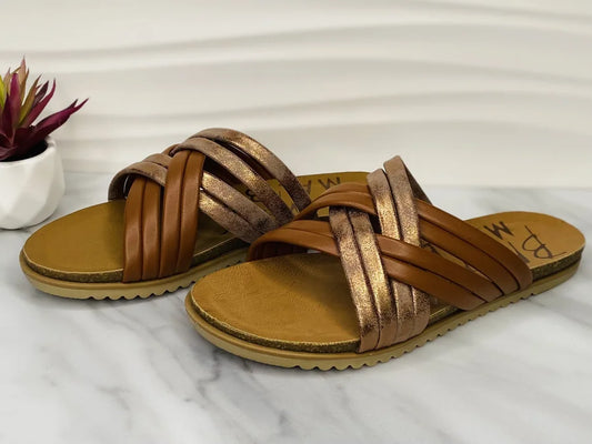 "Myll" Bronze Metallic Criss-Cross Sandals by Blowfish