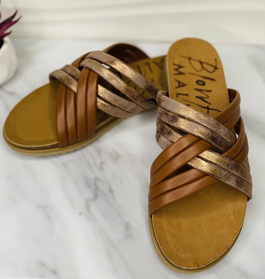 "Myll" Bronze Metallic Criss-Cross Sandals by Blowfish