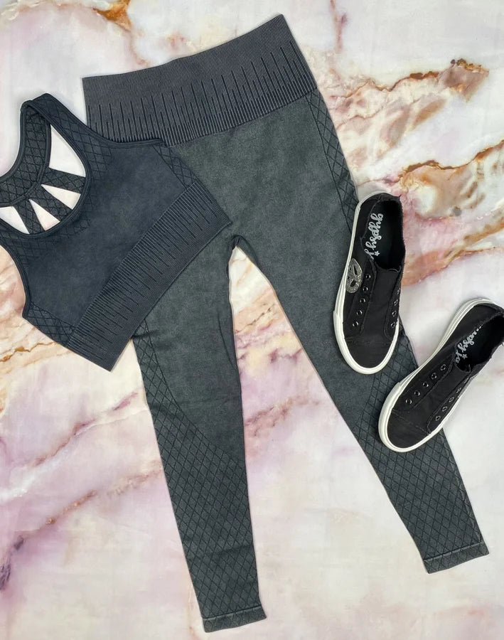 MONO B BLACK LATTICE SEAMLESS MINERAL-WASHED HIGH WAIST LEGGINGS