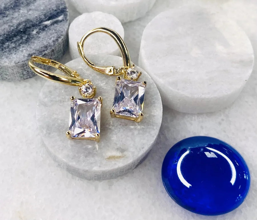 Hanging Earrings with Recatangle Cubic Zirconia Crystals
