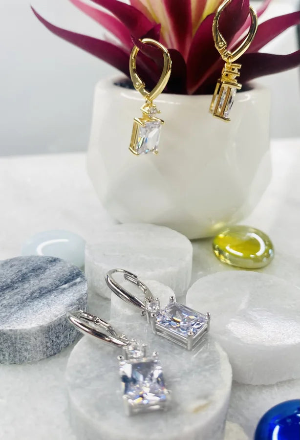 Hanging Earrings with Recatangle Cubic Zirconia Crystals