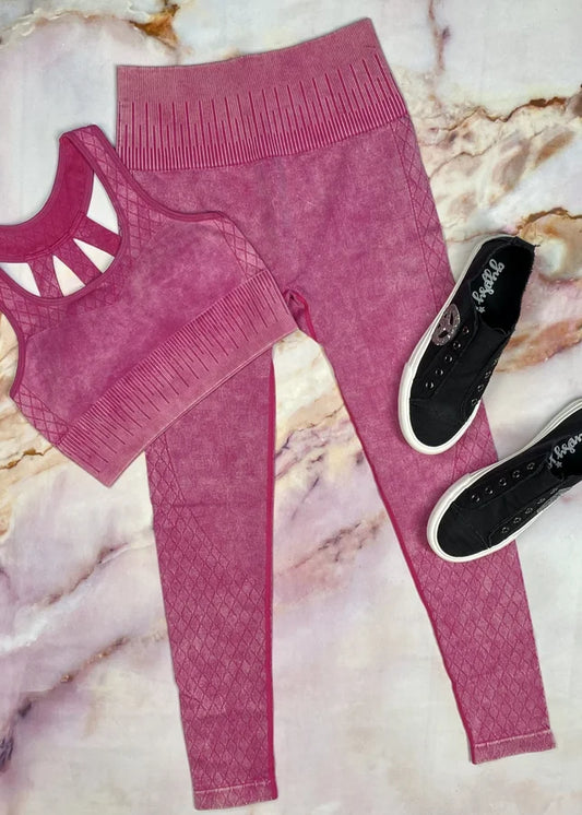 MONO B HOT PINK LATTICE SEAMLESS MINERAL-WASHED HIGH WAIST LEGGINGS