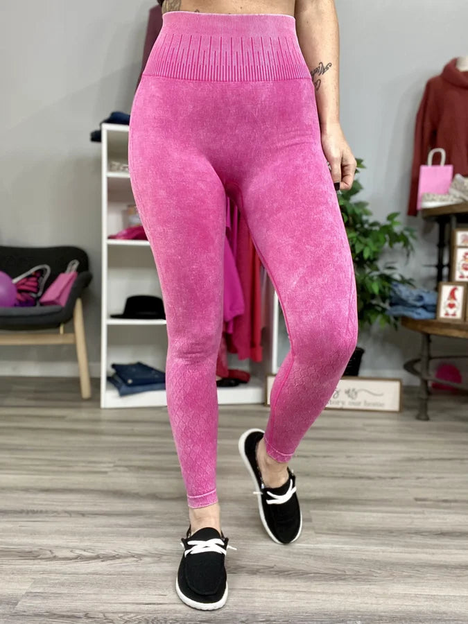 MONO B HOT PINK LATTICE SEAMLESS MINERAL-WASHED HIGH WAIST LEGGINGS