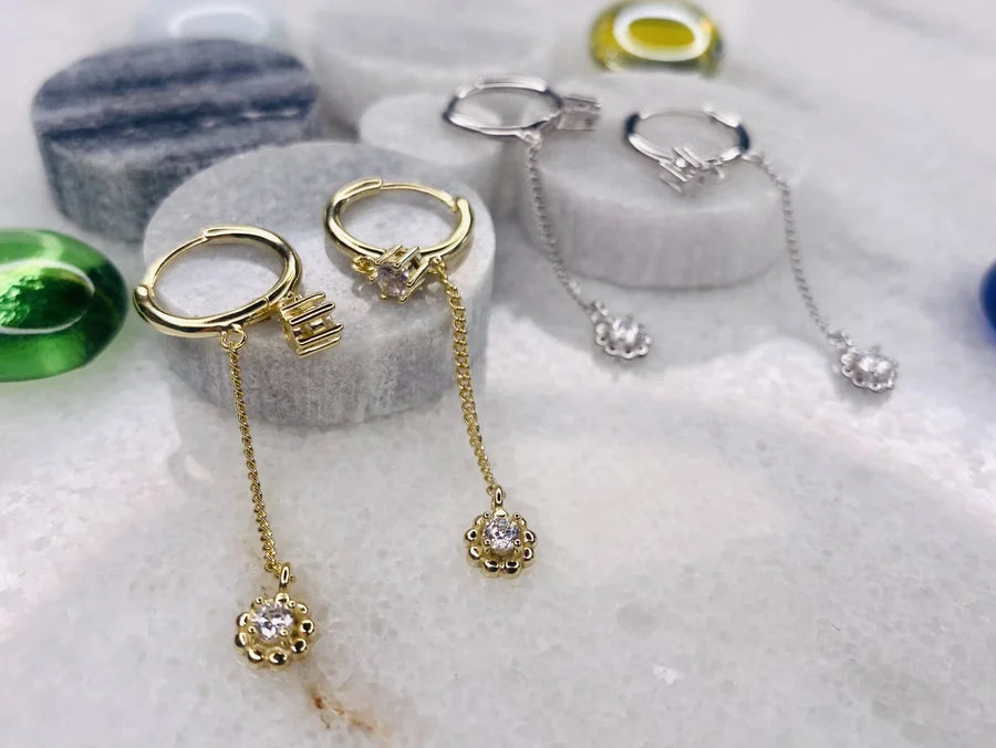Perfectly Dainty Hoop Earrings with Chain & CZ Crystals