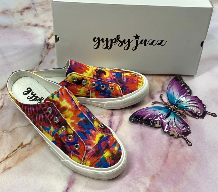 "Playtime" Red/Multicolor Tie Dye Slip-On Shoes - Gypsy Jazz