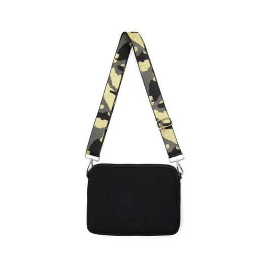 BC Handbags Black Neoprene Crossbody Bag w/ Shimmery Camo Strap