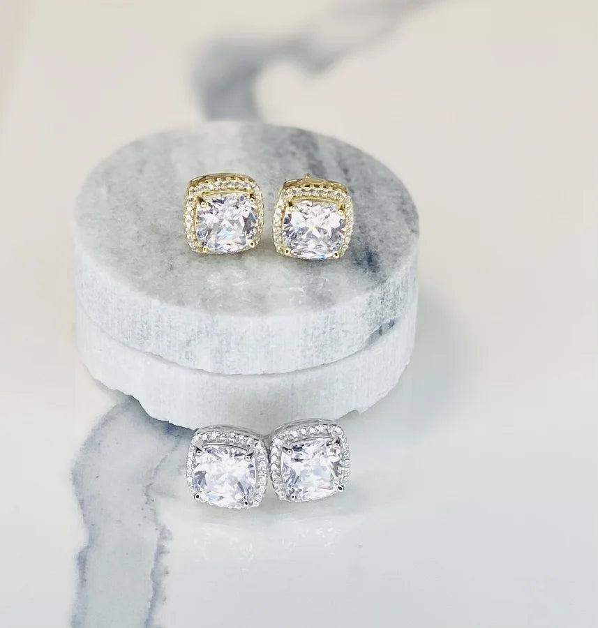 Princess Cut Stud Earrings with CZ Crystals