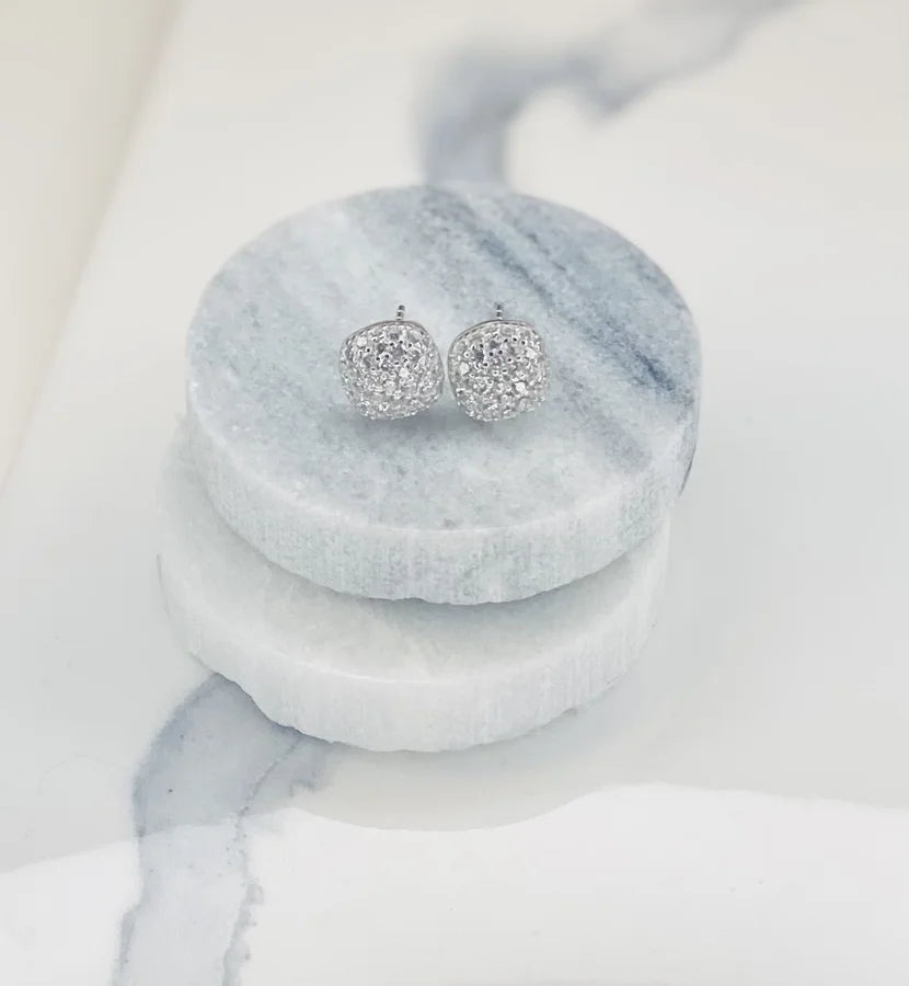 Sterling Silver Stud Earrings with Cushion Pave CZ Crystals