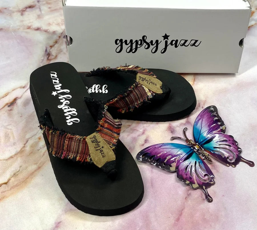 "GJazz" Black & Red Multicolor Frayed Flip-Flops - Gypsy Jazz