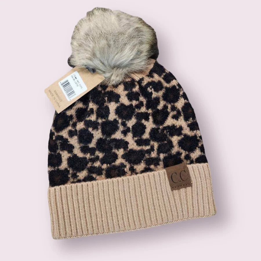 CC-Animal Print Beanie with Pom