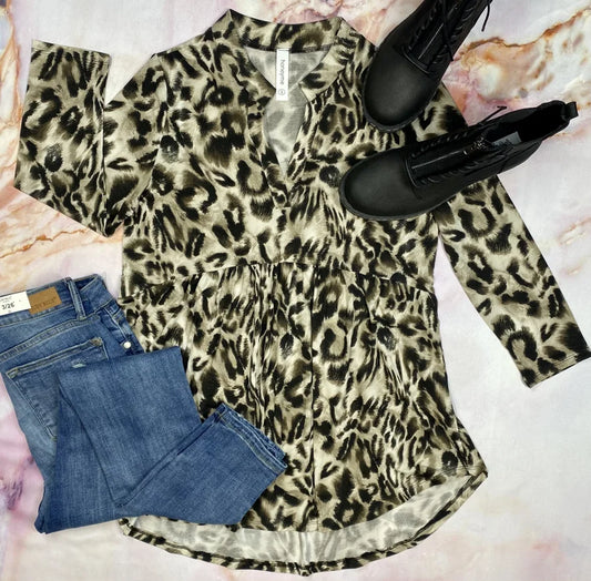 HONEY ME HI LOW MOCHA LEOPARD PRINT 3/4 SLEEVE BABYDOLL TOP