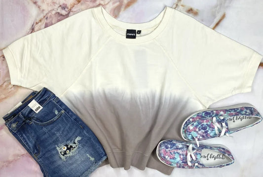 MONO B IVORY/DUSTY MAUVE OMBRE TIE DYE COTTON TERRY SHORT SLEEVE RAGLAN TOP