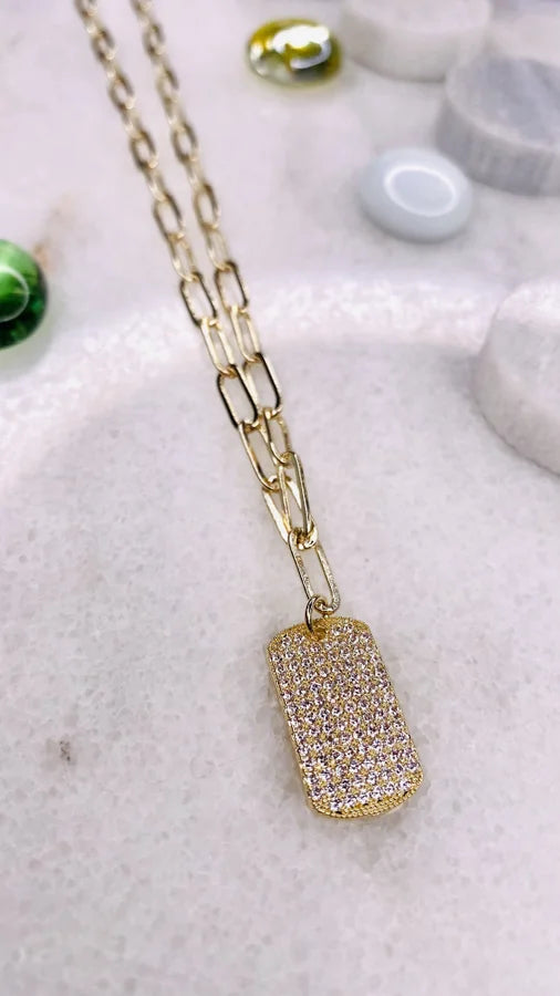 18" - Chain Link Necklace with Pave CZ Crystal Pendant