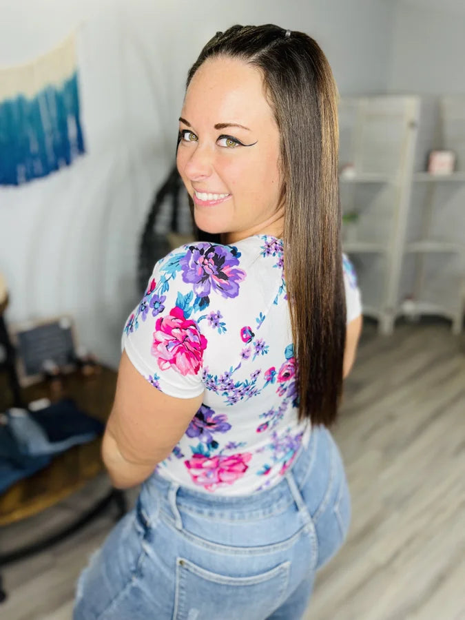 Reg/Plus Ivory/Purple Floral Short Sleeve Bodysuit
