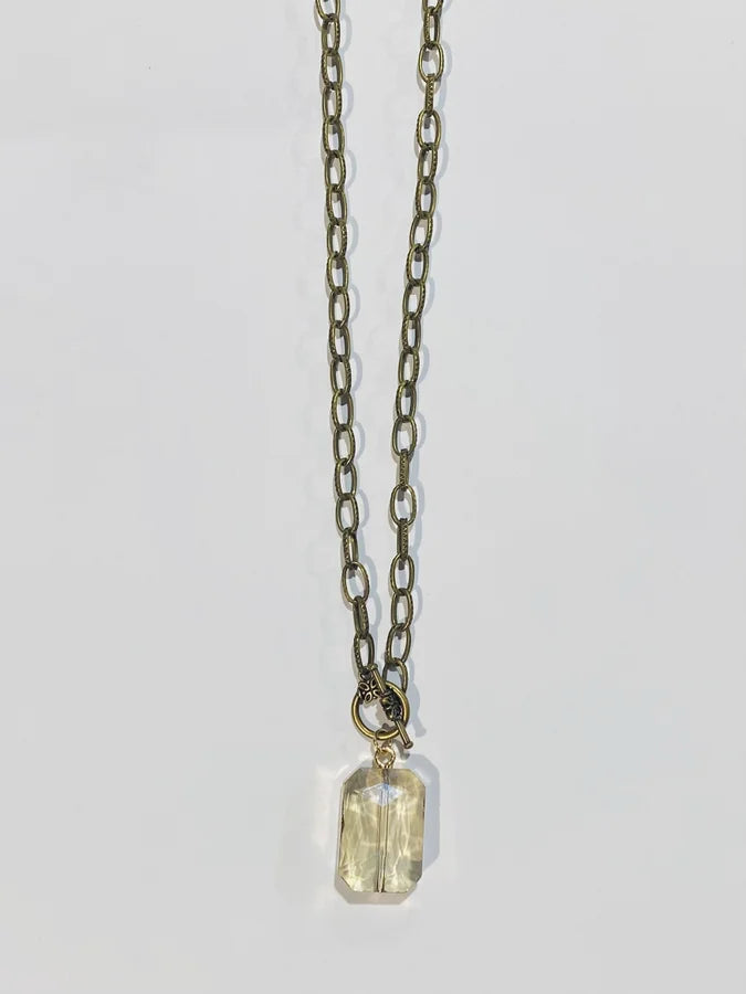 Antique Bronze Necklace w/ Crystal Pendant & Toggle Clasp