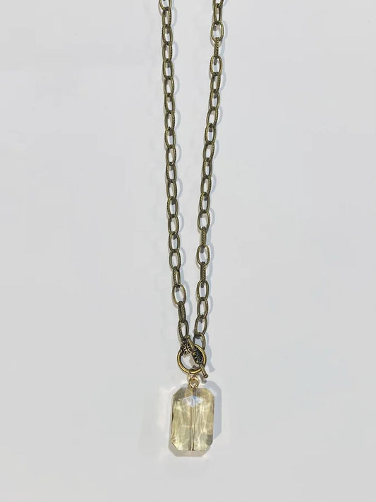 Antique Bronze Necklace w/ Crystal Pendant & Toggle Clasp