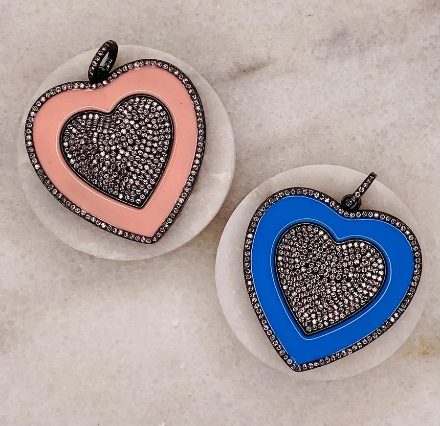 Enamel & Pave Crystal Heart Pendants (Large)