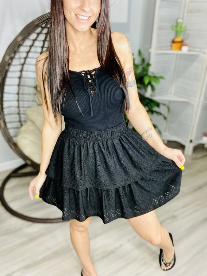 Reg/Plus Black Eyelet Layered Skirt